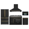 Forno 5-Piece Appliance Package - 48-inch Galiano French Door Gas Range, Hood, 36-Inch French Door Refrigerator, Dishwasher and 30-Inch Microwave Oven in Black with Antique Brass Trim