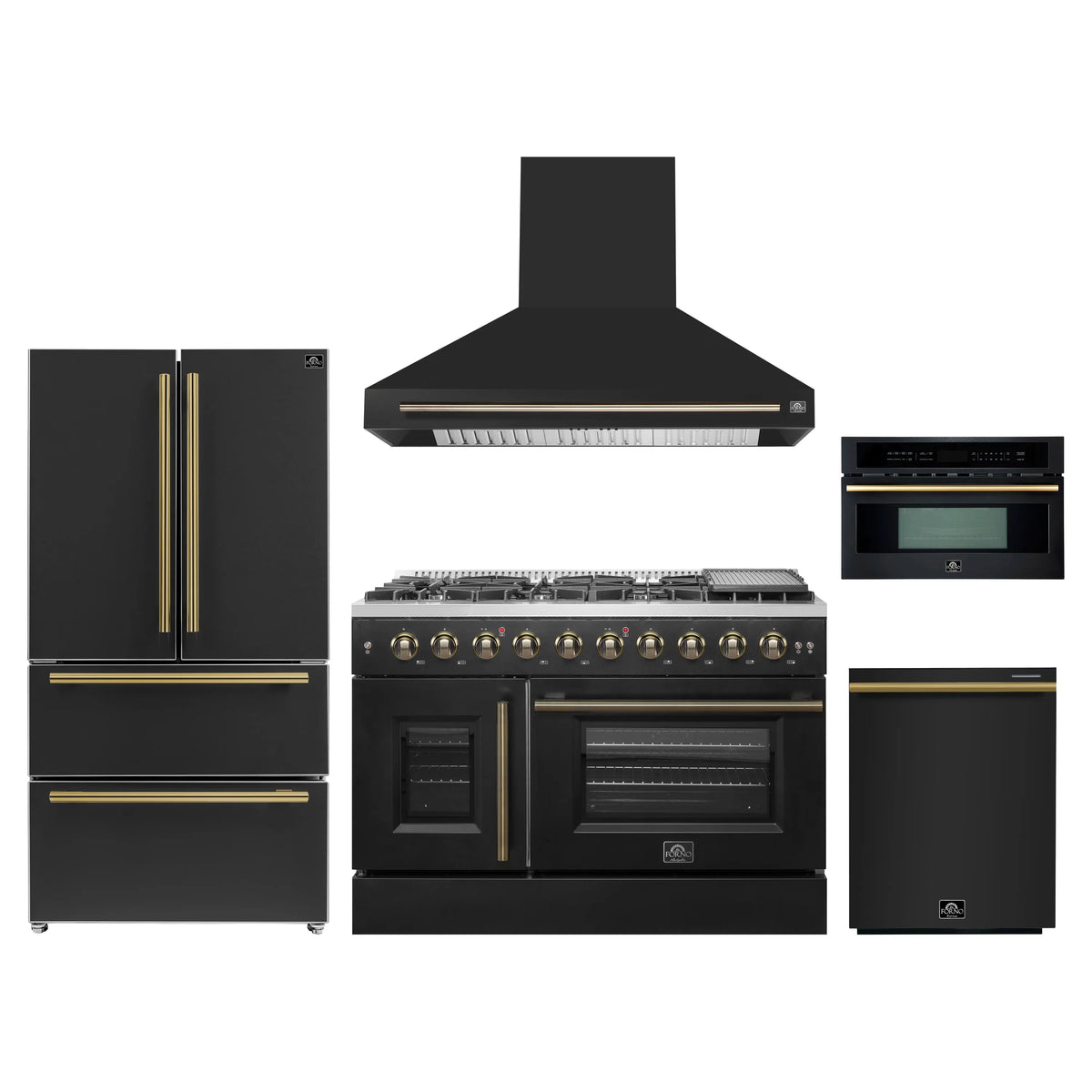 Forno 5-Piece Appliance Package - 48-inch Gas Range, Hood, Refrigerator, Dishwasher and 30-Inch Microwave Oven in Black with Antique Brass Trim