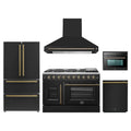 Forno 5-Piece Appliance Package - 48-inch Galiano French Door Gas Range, Hood, 36-Inch French Door Refrigerator, Dishwasher and 24-Inch Microwave Oven in Black with Antique Brass Trim