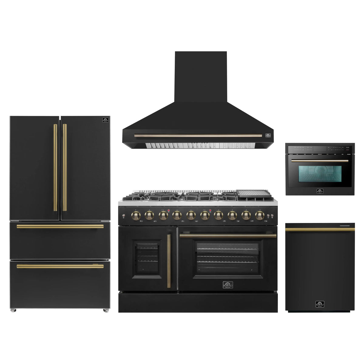 Forno 5-Piece Appliance Package - 48-inch Gas Range, Hood, Refrigerator, Dishwasher and 24-Inch Microwave Oven in Black with Antique Brass Trim
