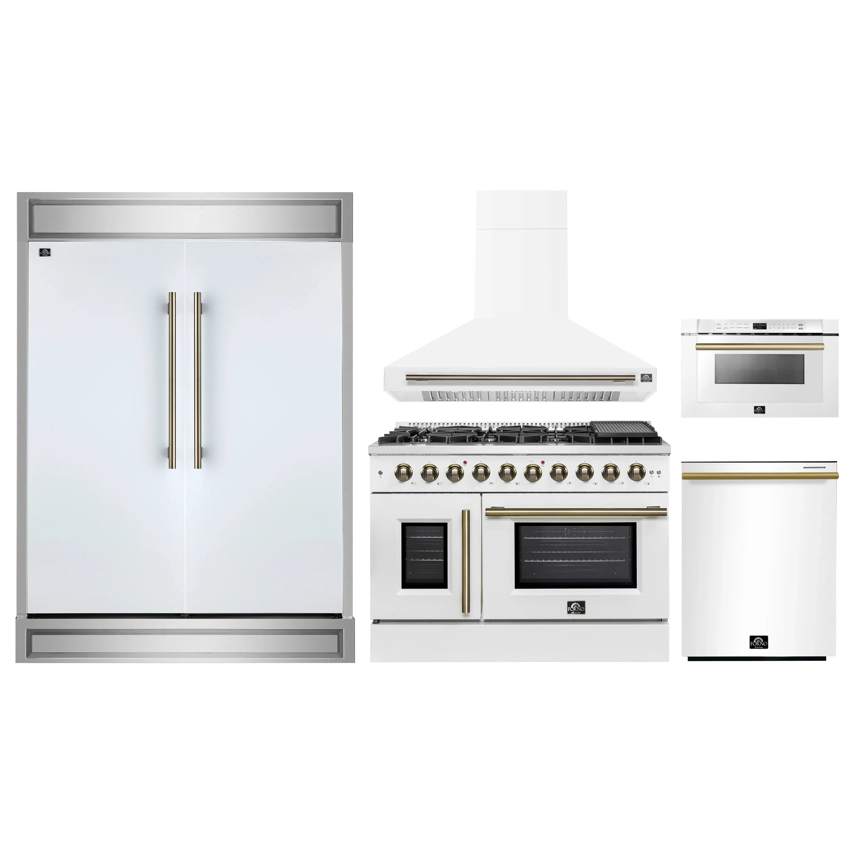 White 5-piece appliance package with gas range, hood, refrigerator, and dishwasher