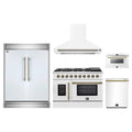 Forno 5-Piece Appliance Package - 48-inch Galiano French Door Gas Range, Hood, 60-Inch Built-In Refrigerator, Dishwasher and 24-Inch Microwave Drawer in White with Antique Brass Trim