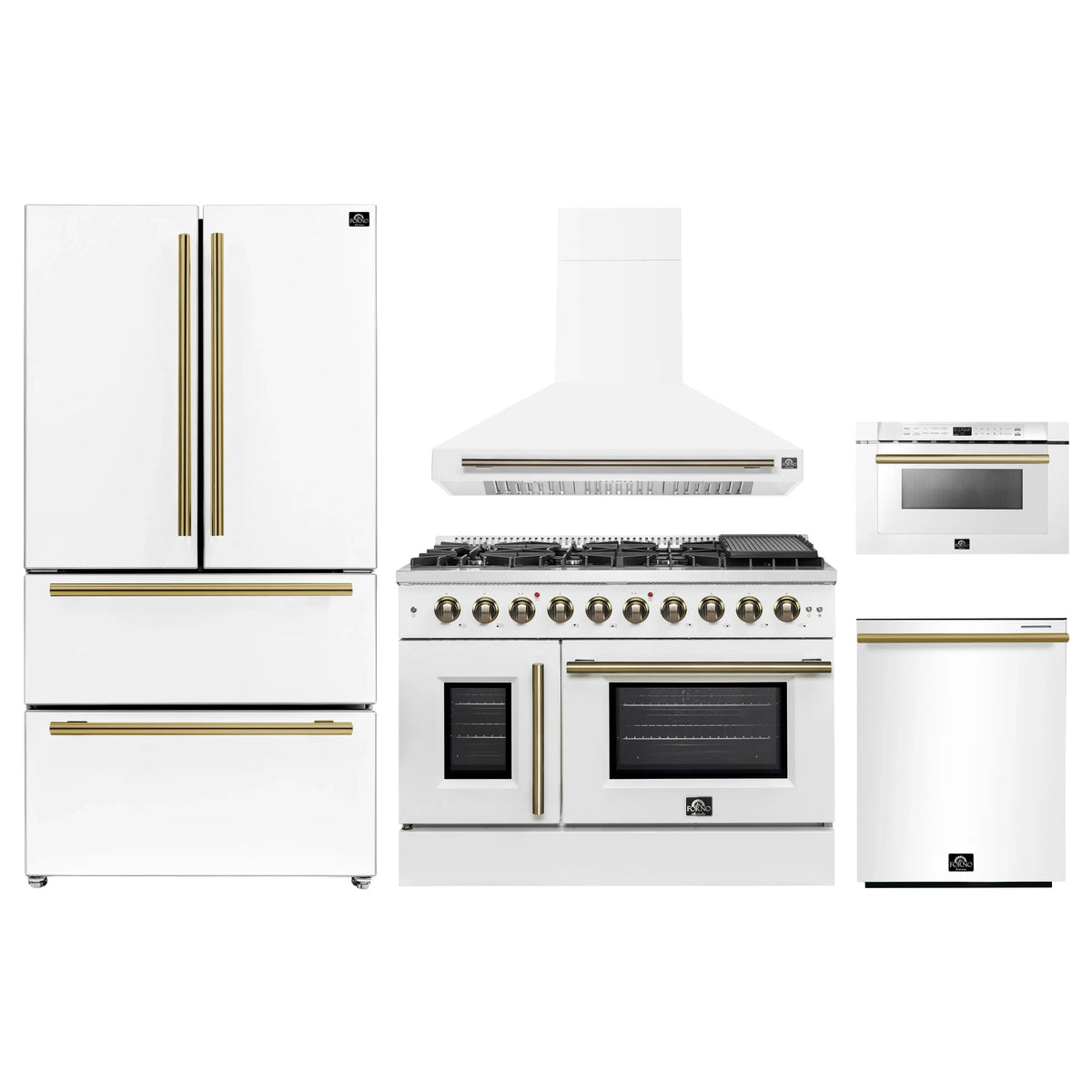 White kitchen appliance package showing gas range, hood, refrigerator, dishwasher, and microwave