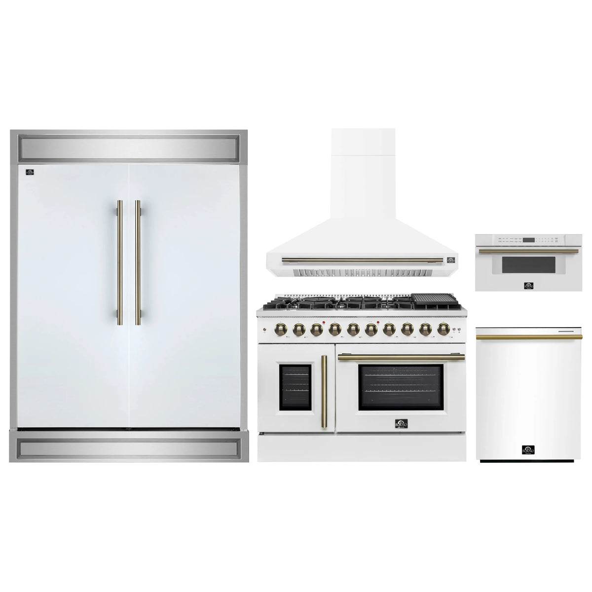 White 5-piece appliance package: fridge, dishwasher, gas range, hood, microwave drawer.
