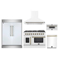 Forno 5-Piece Appliance Package - 48-inch Galiano French Door Gas Range, Hood, 60-Inch Built-In Refrigerator, Dishwasher and 30-Inch Microwave Drawer in White with Antique Brass Trim