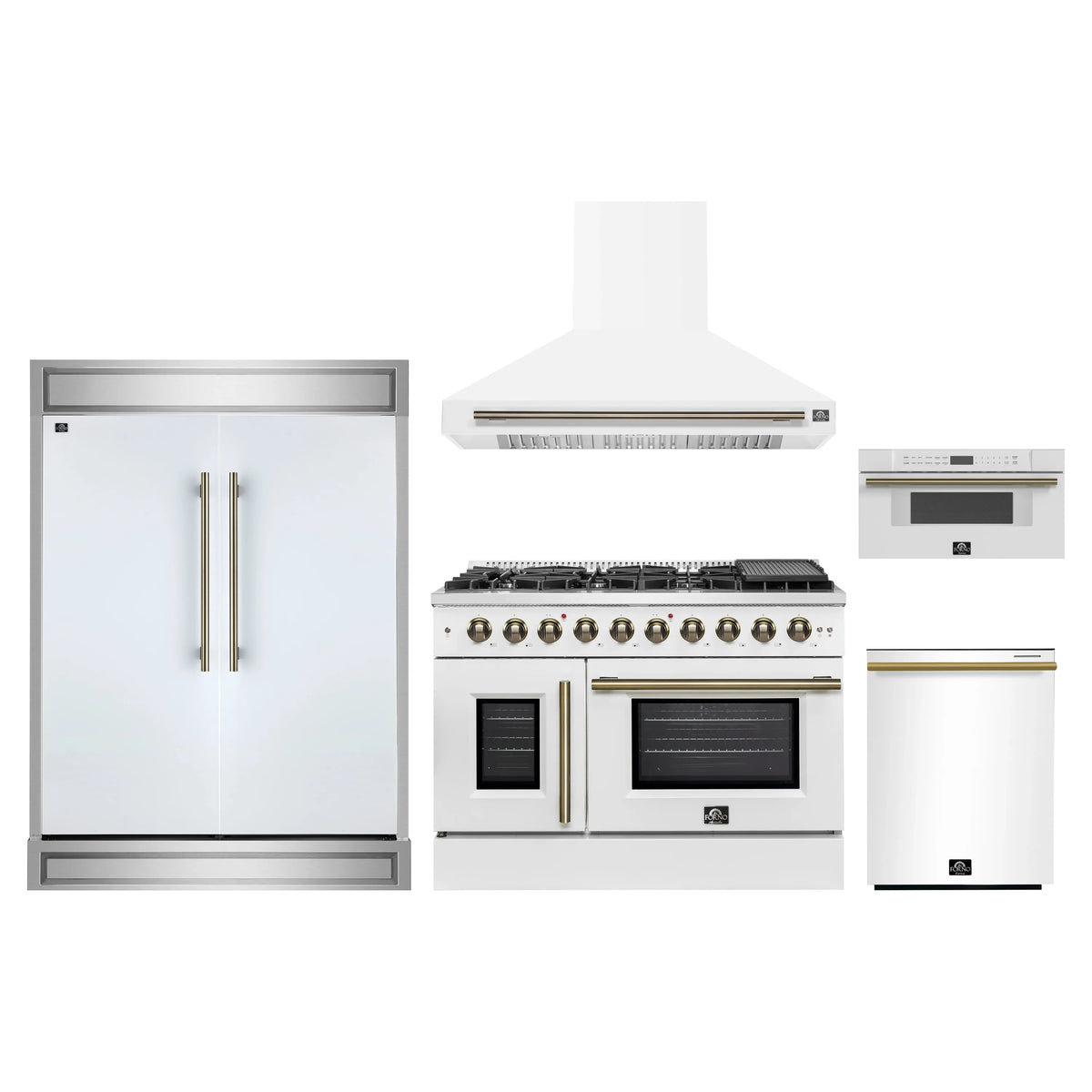 Forno 5-Piece Appliance Package - 48-inch Gas Range, Hood, Refrigerator, Dishwasher and 30-Inch Microwave Drawer in White with Antique Brass Trim