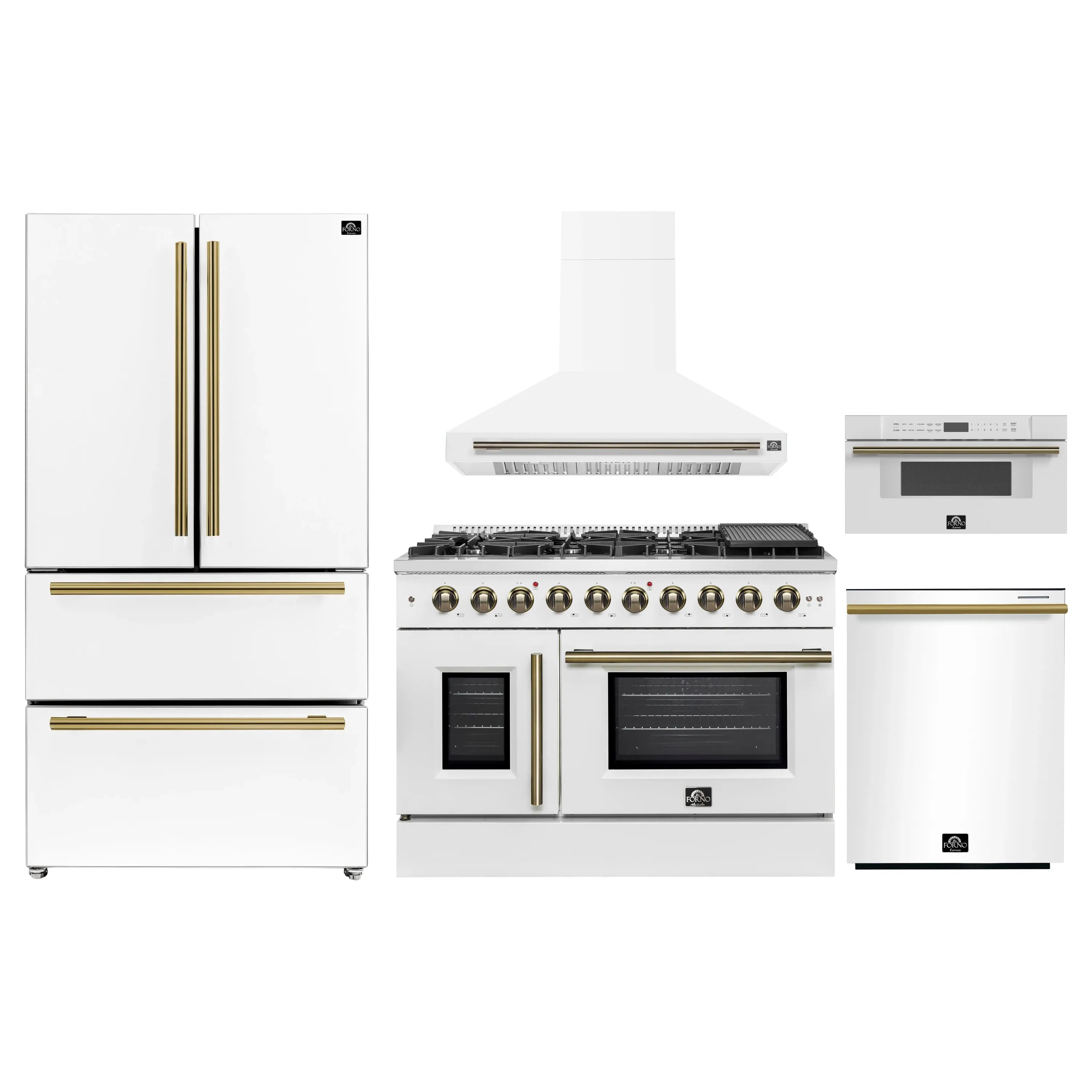 White kitchen appliance set with gas range, hood, refrigerator and dishwasher