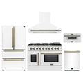 Forno 5-Piece Appliance Package - 48-inch Galiano French Door Gas Range, Hood, 36-Inch French Door Refrigerator, Dishwasher and 30-Inch Microwave Drawer in White with Antique Brass Trim