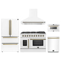 Forno 5-Piece Appliance Package - 48-inch Galiano French Door Gas Range, Hood, 36-Inch French Door Refrigerator, Dishwasher and 24-Inch Microwave Drawer in White with Antique Brass Trim