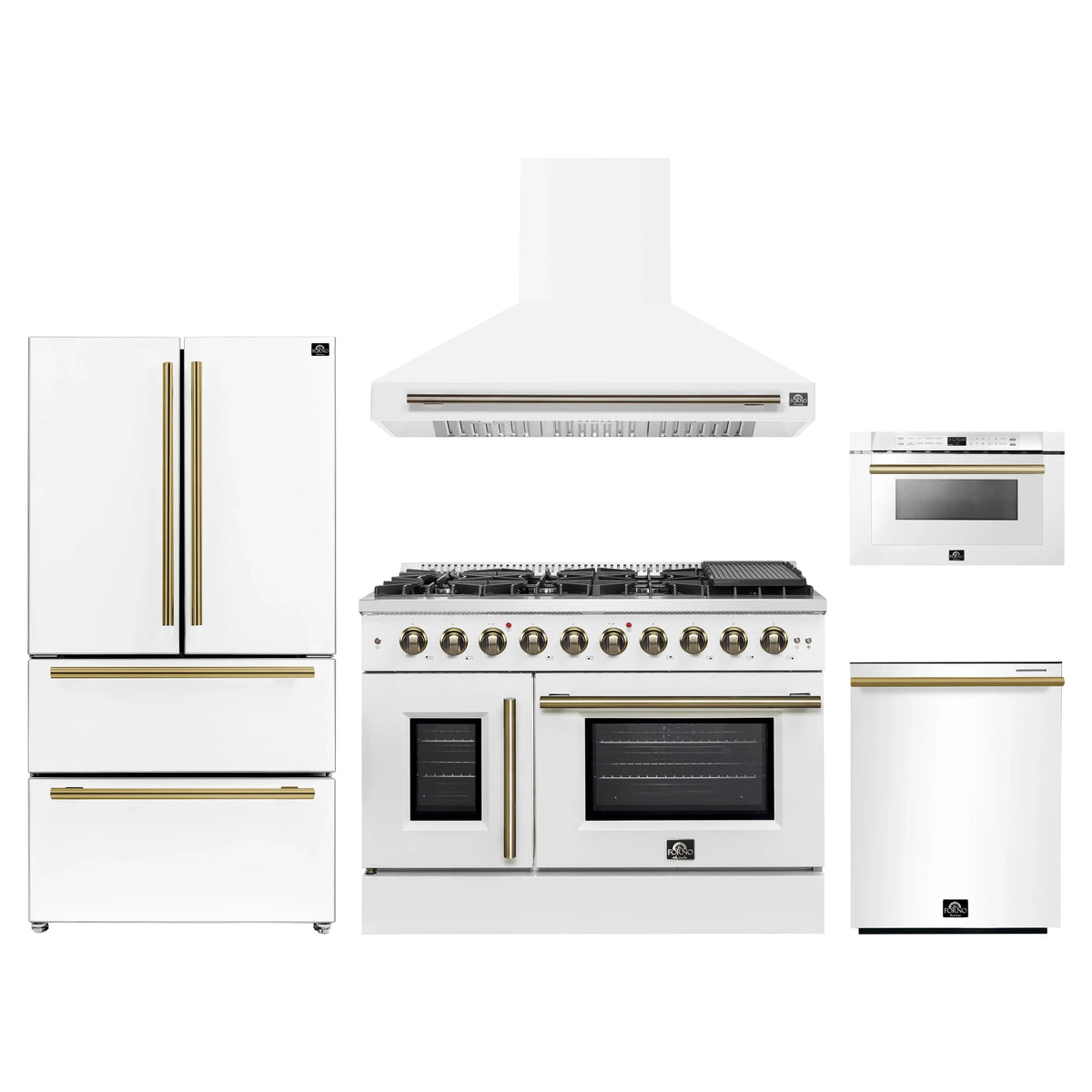 Forno 5-Piece Appliance Package - 48-inch Gas Range, Hood, Refrigerator, Dishwasher and 24-Inch Microwave Drawer in White with Antique Brass Trim
