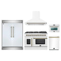 Forno 5-Piece Appliance Package - 48-inch Galiano French Door Gas Range, Hood, 60-Inch Built-In Refrigerator, Dishwasher and 24-Inch Microwave Oven in White with Antique Brass Trim