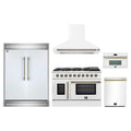 Forno 5-Piece Appliance Package - 48-inch Galiano French Door Gas Range, Hood, 60-Inch Built-In Refrigerator, Dishwasher and 30-Inch Microwave Oven in White with Antique Brass Trim