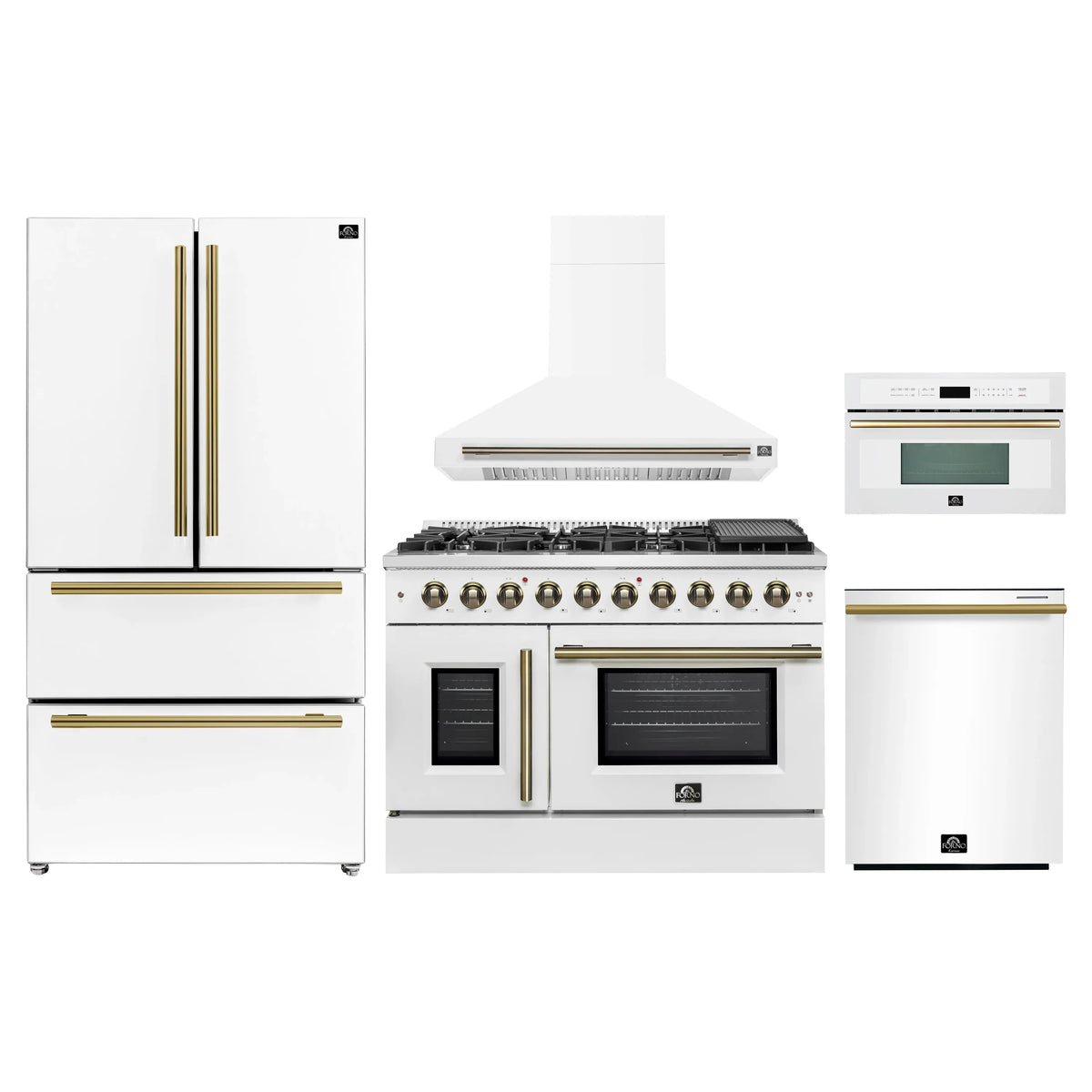 White kitchen appliance package: refrigerator, gas range, hood, dishwasher, and microwave