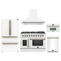 Forno 5-Piece Appliance Package - 48-inch Galiano French Door Gas Range, Hood, 36-Inch French Door Refrigerator, Dishwasher and 30-Inch Microwave Oven in White with Antique Brass Trim