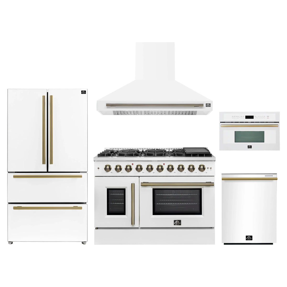 Forno 5-Piece Appliance Package - 48-inch Gas Range, Hood, Refrigerator, Dishwasher and 30-Inch Microwave Oven in White with Antique Brass Trim