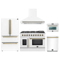 Forno 5-Piece Appliance Package - 48-inch Galiano French Door Gas Range, Hood, 36-Inch French Door Refrigerator, Dishwasher and 24-Inch Microwave Oven in White with Antique Brass Trim