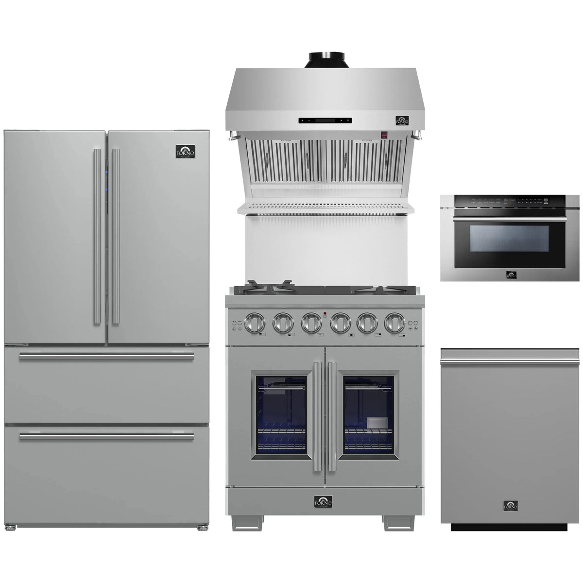 Forno 5-Piece Pro Appliance Package - 30-Inch Gas Range, Refrigerator, Wall Mount Hood with Backsplash, 24-Inch Microwave Drawer, & 3-Rack Dishwasher in Stainless Steel