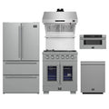 Forno 5-Piece Pro Appliance Package - 30-Inch Capriasca French Door Gas Range, Refrigerator, Wall Mount Hood with Backsplash, 30-Inch Microwave Drawer, & 3-Rack Dishwasher in Stainless Steel