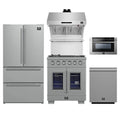 Forno 5-Piece Pro Appliance Package - 30-Inch Capriasca French Door Gas Range, Refrigerator, Wall Mount Hood with Backsplash, 24-Inch Microwave Drawer, & 3-Rack Dishwasher in Stainless Steel