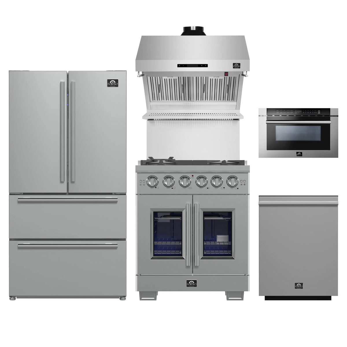 Forno 5-Piece Pro Appliance Package - 30-Inch Gas Range, Refrigerator, Wall Mount Hood with Backsplash, 24-Inch Microwave Drawer, & 3-Rack Dishwasher in Stainless Steel