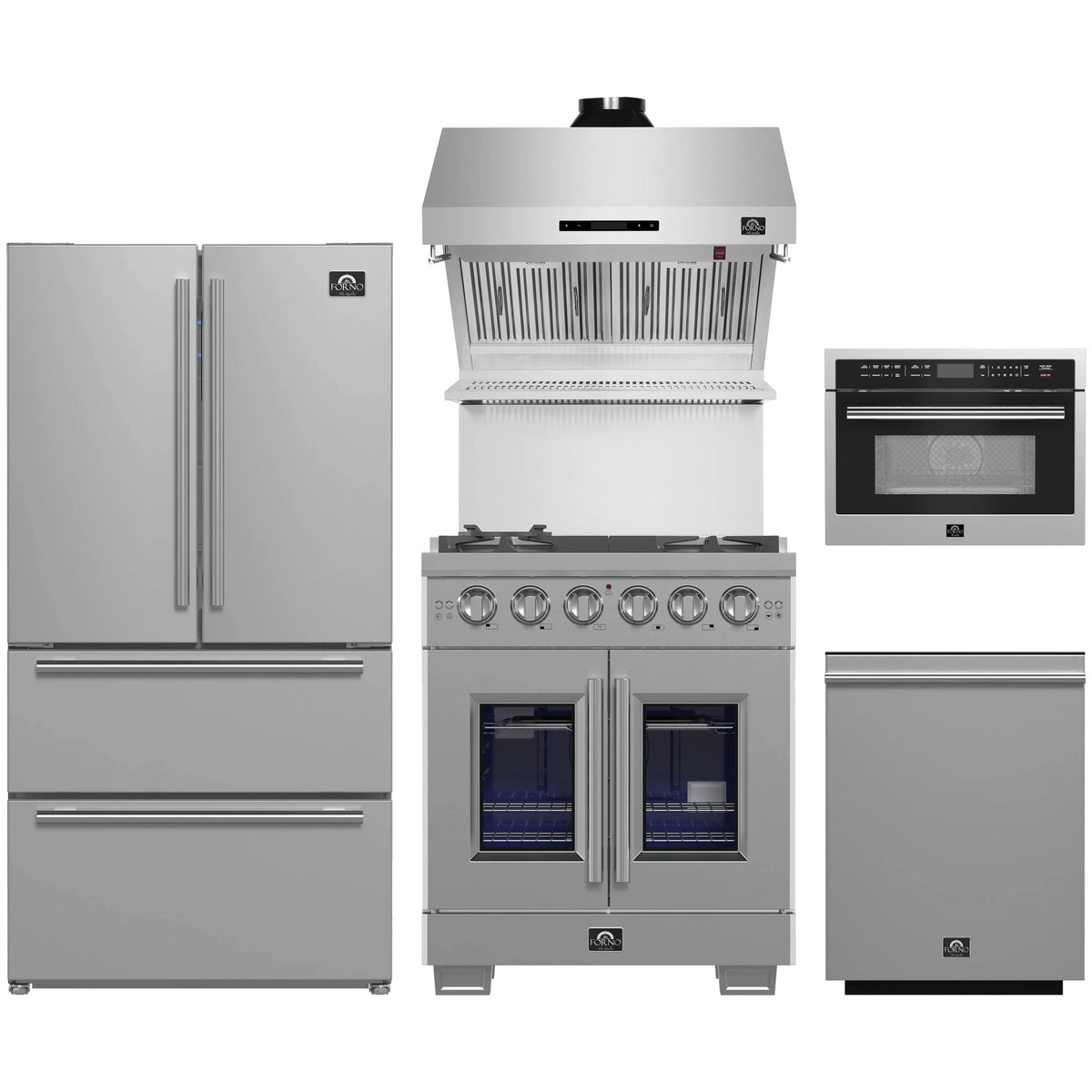 Forno 5-Piece Pro Appliance Package - 30-Inch Gas Range, 36-Inch Refrigerator, Wall Mount Hood with Backsplash, 24-Inch Microwave Oven, & 3-Rack Dishwasher in Stainless Steel