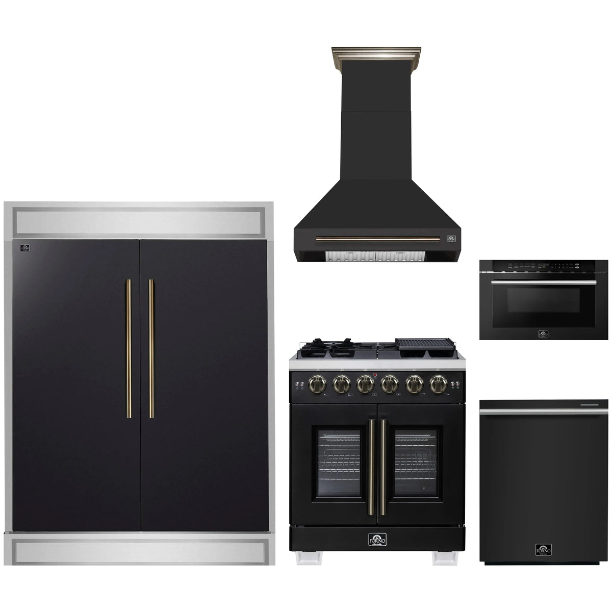 Forno 5-Piece Appliance Package - 30-inch Gas Range, Hood, Refrigerator, Dishwasher and 24-Inch Microwave Drawer in Black with Antique Brass Trim