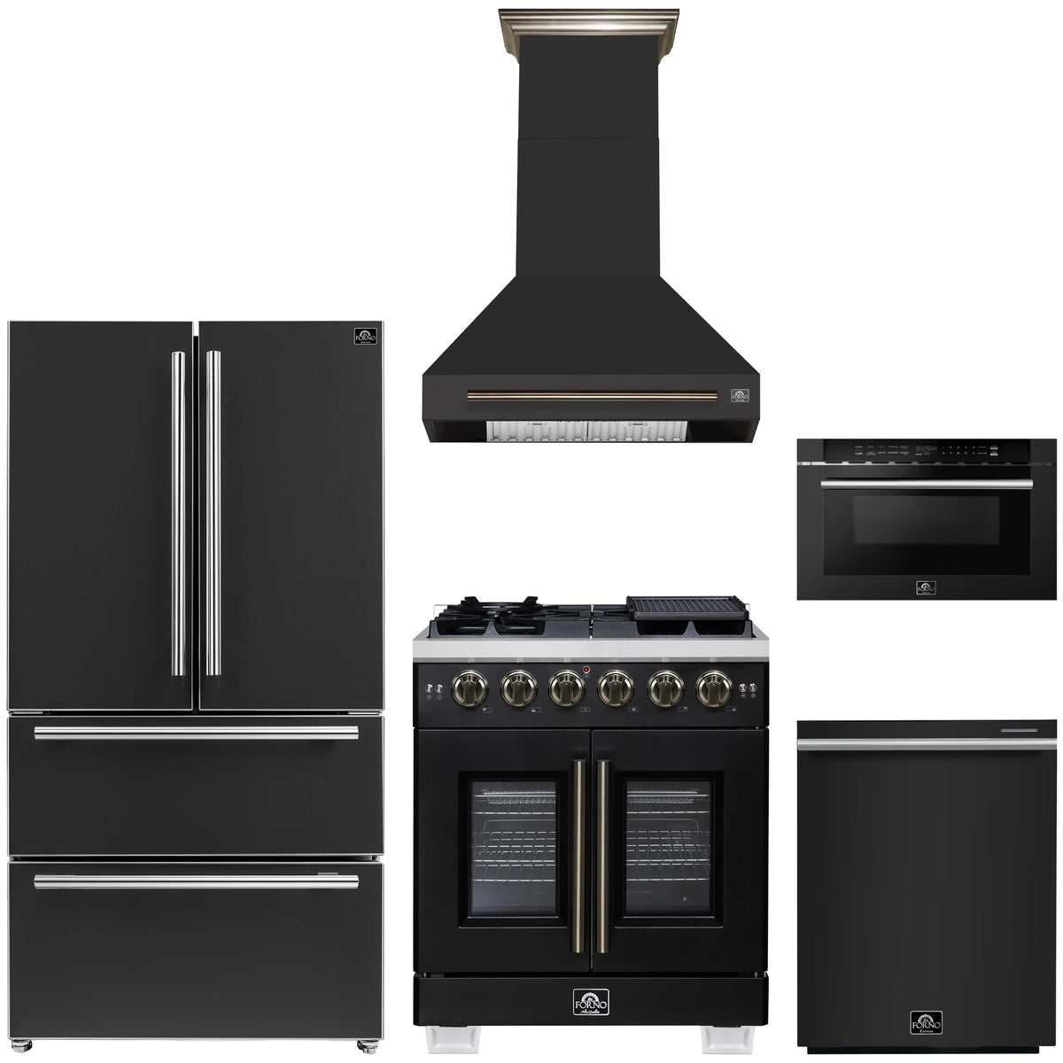 Forno 5-Piece Appliance Package - 30-inch Gas Range, Hood, Refrigerator, Dishwasher and 24-Inch Microwave Drawer in Black with Antique Brass Trim