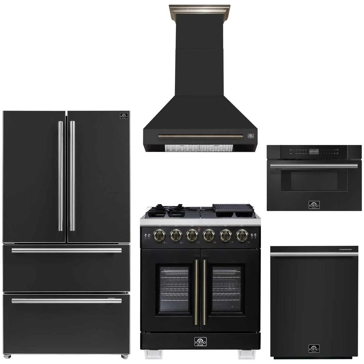 Forno 5-Piece Appliance Package - 30-inch Gas Range, Hood, Refrigerator, Dishwasher and 30-Inch Microwave Drawer in Black with Antique Brass Trim