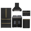 Forno 5-Piece Appliance Package - 30-inch Capriasca French Door Gas Range, Hood, 36-Inch French Door Refrigerator, Dishwasher and 30-Inch Microwave Drawer in Black with Antique Brass Trim