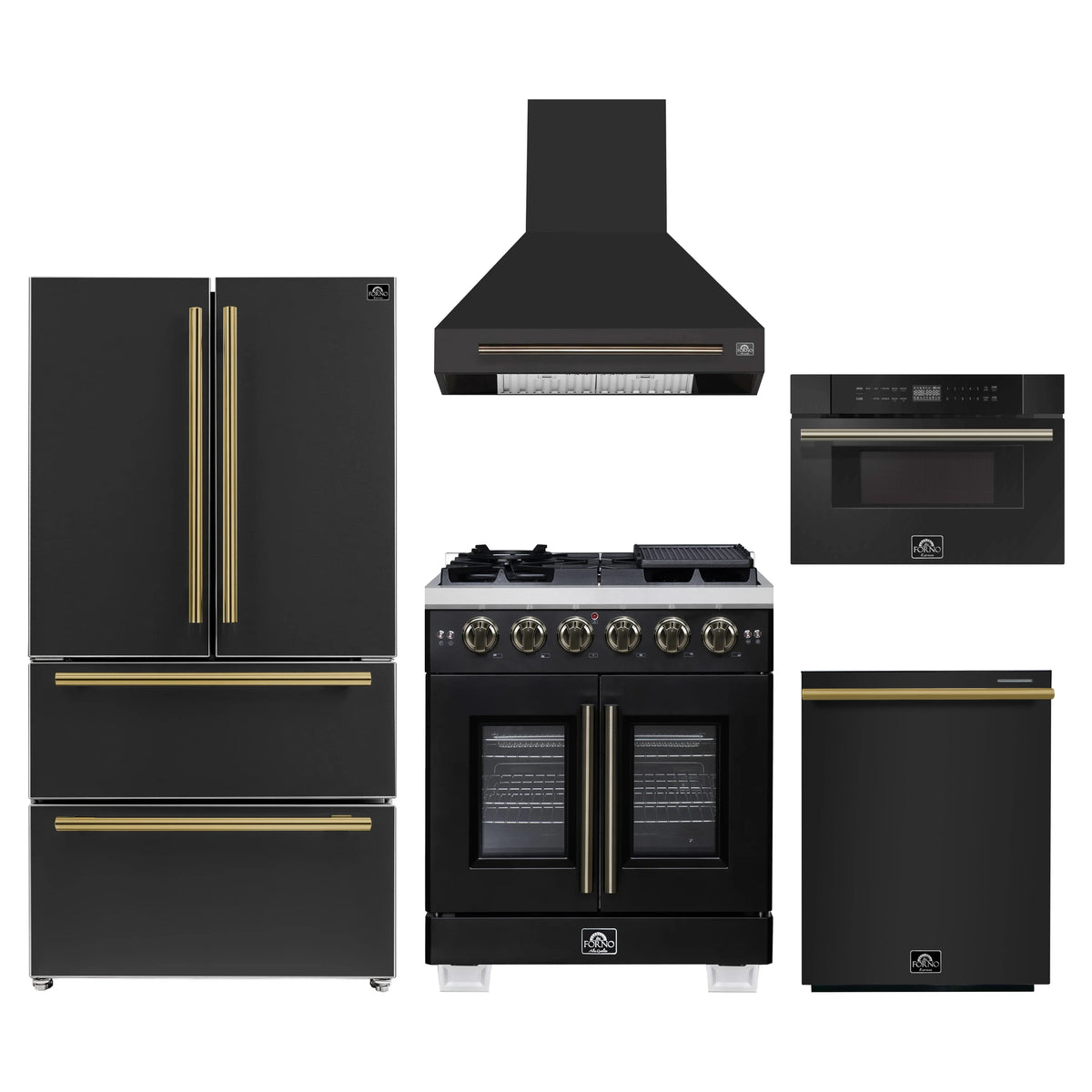 Forno 5-Piece Appliance Package - 30-inch Gas Range, Hood, Refrigerator, Dishwasher and 30-Inch Microwave Drawer in Black with Antique Brass Trim