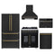 Forno 5-Piece Appliance Package - 30-inch Gas Range, Hood, Refrigerator, Dishwasher and 30-Inch Microwave Drawer in Black with Antique Brass Trim