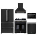 Forno 5-Piece Appliance Package - 30-inch Capriasca French Door Gas Range, Hood, 36-Inch French Door Refrigerator, Dishwasher and 24-Inch Microwave Drawer in Black with Antique Brass Trim