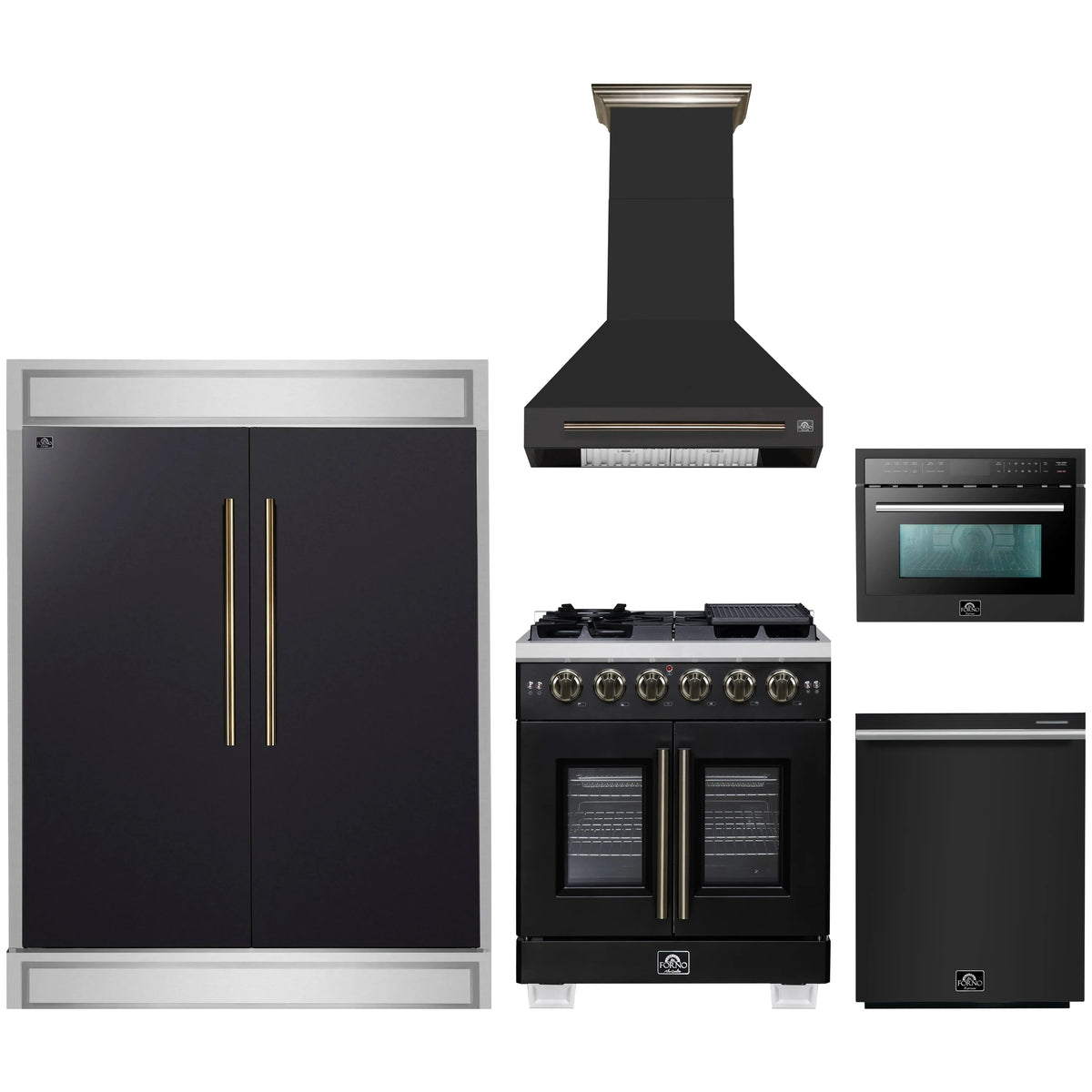 Forno 5-Piece Appliance Package - 30-inch Gas Range, Hood, Refrigerator, Dishwasher and 24-Inch Microwave Oven in Black with Antique Brass Trim