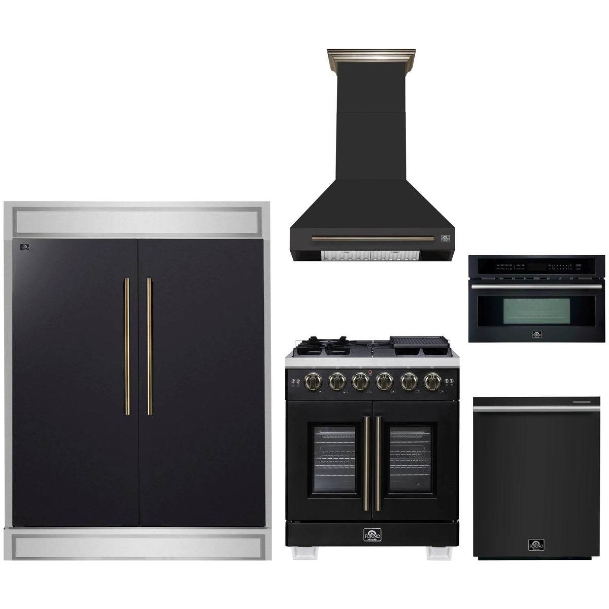 Forno 5-Piece Appliance Package - 30-inch Gas Range, Hood, Refrigerator, Dishwasher and 30-Inch Microwave Oven in Black with Antique Brass Trim