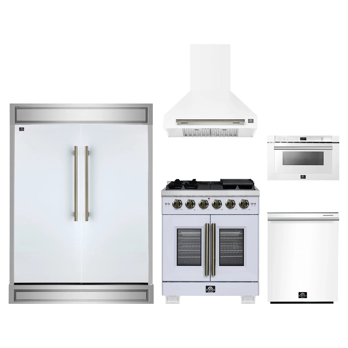 Forno 5-Piece Appliance Package - 30-inch Gas Range, Hood, Refrigerator, Dishwasher and 24-Inch Microwave Drawer in White with Antique Brass Trim