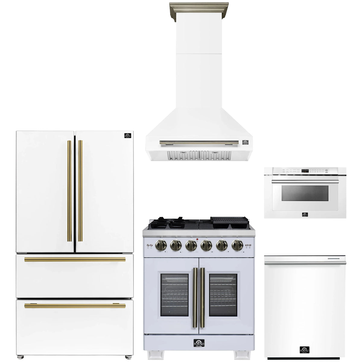 Forno 5-Piece Appliance Package - 30-inch Gas Range, Hood, Refrigerator, Dishwasher and 24-Inch Microwave Drawer in White with Antique Brass Trim
