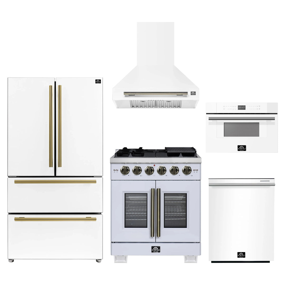 Forno 5-Piece Appliance Package - 30-inch Gas Range, Hood, Refrigerator, Dishwasher and 30-Inch Microwave Drawer in White with Antique Brass Trim