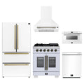 Forno 5-Piece Appliance Package - 30-inch Capriasca French Door Gas Range, Hood, 36-Inch French Door Refrigerator, Dishwasher and 24-Inch Microwave Drawer in White with Antique Brass Trim