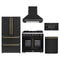 Forno 5-Piece Appliance Package - 36-inch Capriasca French Door Gas Range, Hood, 36-Inch French Door Refrigerator, Dishwasher and 30-Inch Microwave Drawer in Black with Antique Brass Trim