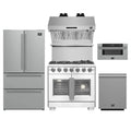 Forno 5-Piece Pro Appliance Package - 36-Inch Capriasca French Door Gas Range, Refrigerator, Wall Mount Hood with Backsplash, 30-Inch Microwave Drawer, & 3-Rack Dishwasher in Stainless Steel