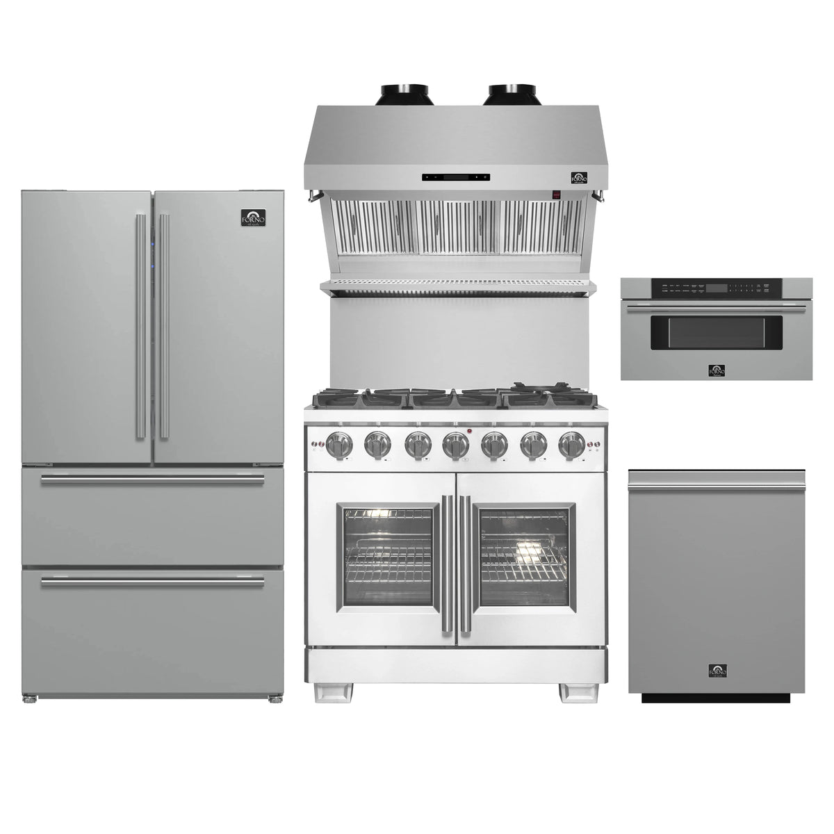 Forno 5-Piece Pro Appliance Package - 36-Inch Gas Range, Refrigerator, Wall Mount Hood with Backsplash, 30-Inch Microwave Drawer, & 3-Rack Dishwasher in Stainless Steel