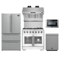 Forno 5-Piece Pro Appliance Package - 36-Inch Capriasca French Door Gas Range, Refrigerator, Wall Mount Hood with Backsplash, 24-Inch Microwave Drawer, & 3-Rack Dishwasher in Stainless Steel