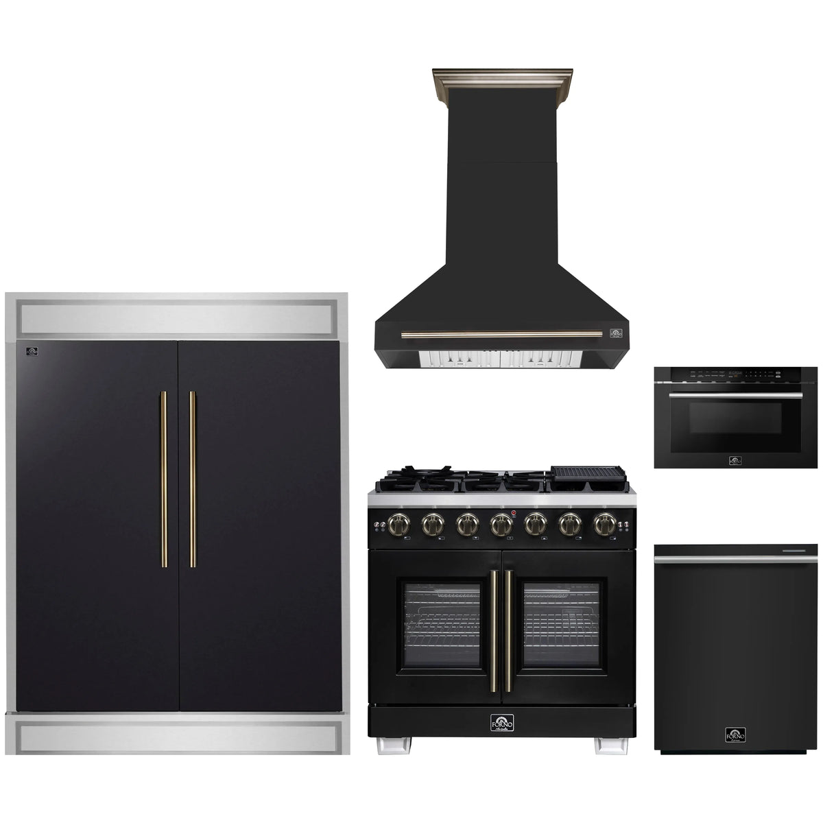 Forno 5-Piece Appliance Package - 36-inch Gas Range, Hood, Refrigerator, Dishwasher and 24-Inch Microwave Drawer in Black with Antique Brass Trim
