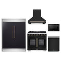 Forno 5-Piece Appliance Package - 36-inch Capriasca French Door Gas Range, Hood, 60-Inch Built-In Refrigerator, Dishwasher and 24-Inch Microwave Drawer in Black with Antique Brass Trim