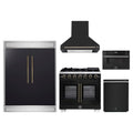 Forno 5-Piece Appliance Package - 36-inch Capriasca French Door Gas Range, Hood, 60-Inch Built-In Refrigerator, Dishwasher and 30-Inch Microwave Drawer in Black with Antique Brass Trim