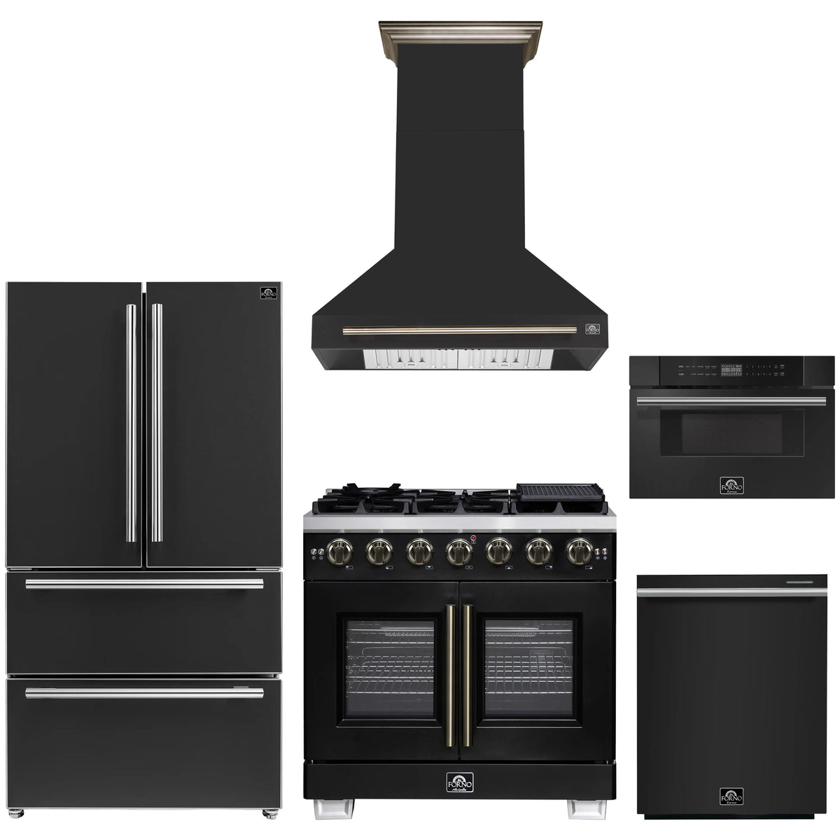 Forno 5-Piece Appliance Package - 36-inch Gas Range, Hood, Refrigerator, Dishwasher and 30-Inch Microwave Drawer in Black with Antique Brass Trim