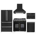 Forno 5-Piece Appliance Package - 36-inch Capriasca French Door Gas Range, Hood, 36-Inch French Door Refrigerator, Dishwasher and 30-Inch Microwave Drawer in Black with Antique Brass Trim