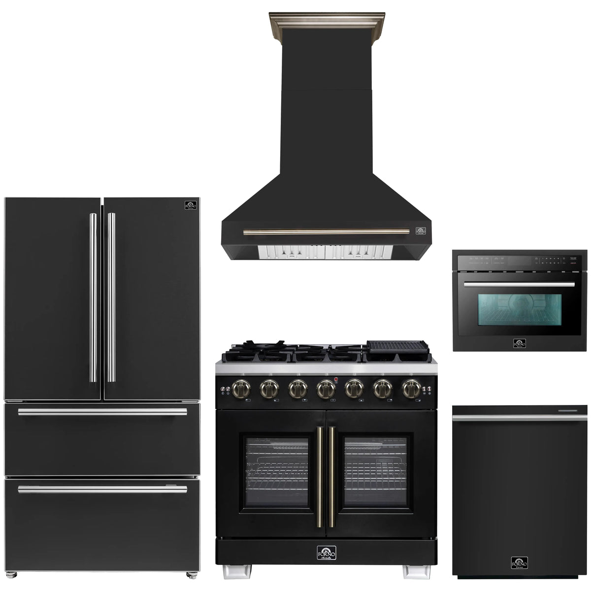 Forno 5-Piece Appliance Package - 36-inch Gas Range, Hood, Refrigerator, Dishwasher and 24-Inch Microwave Oven in Black with Antique Brass Trim