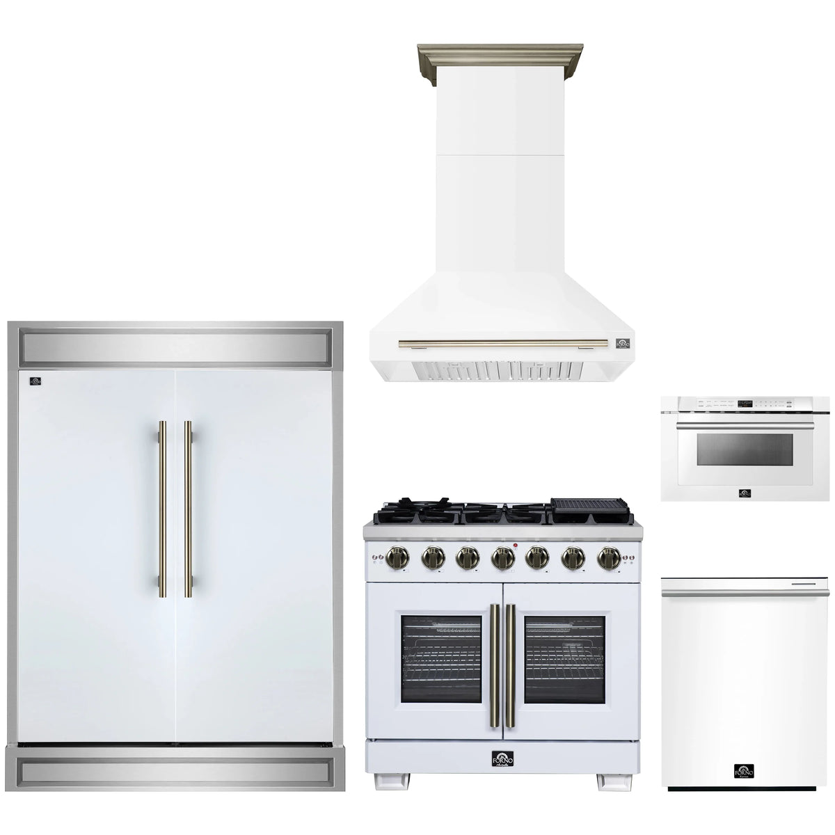 Forno 5-Piece Appliance Package - 36-inch Gas Range, Hood, Refrigerator, Dishwasher and 24-Inch Microwave Drawer in White with Antique Brass Trim