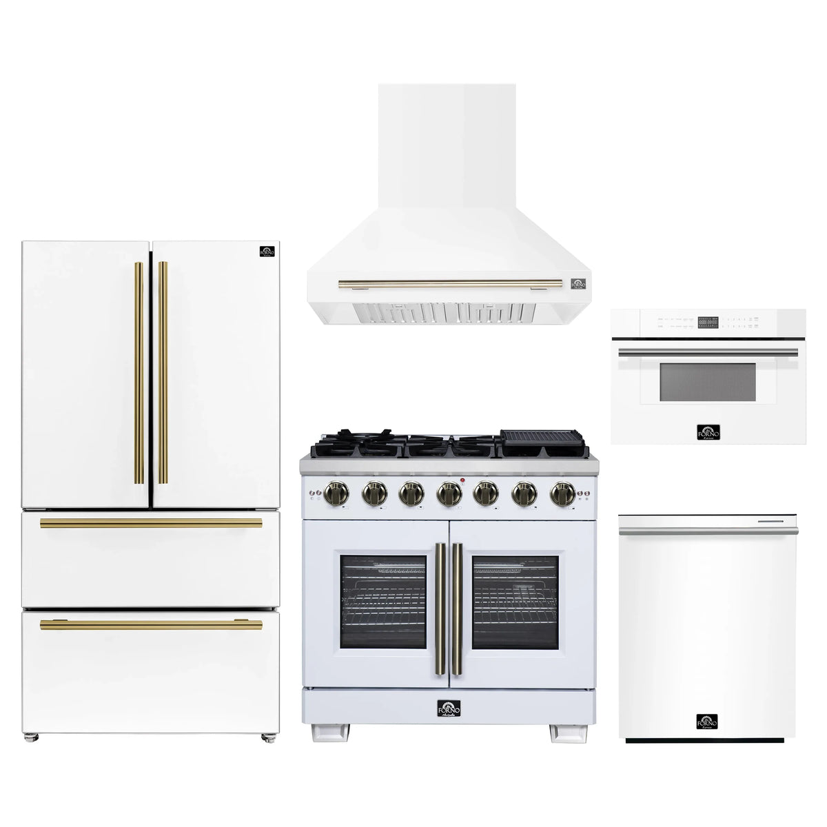 Forno 5-Piece Appliance Package - 36-inch Gas Range, Hood, Refrigerator, Dishwasher and 30-Inch Microwave Drawer in White with Antique Brass Trim